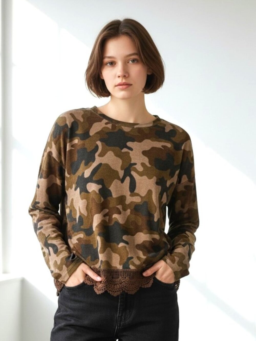 NWT Bongo Camo Sweater with Crochet Fringe Detail